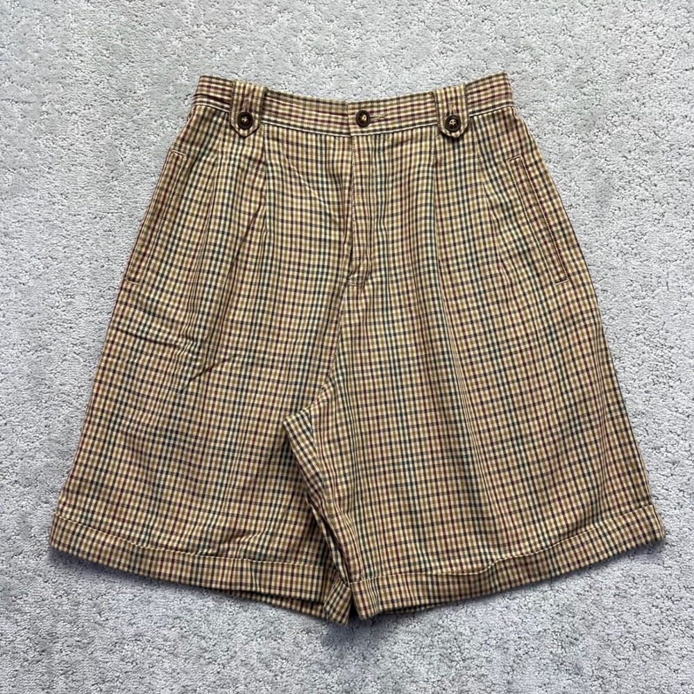 VINTAGE Lizsport Petite Shorts Womens Size 6P Tan Brown Plaid Pleated Cotton